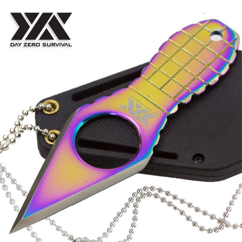 Day Zero Survival Fixed Blade Neck Knife Titanium Rainbow Grenade Handle - Tophatter's Army Products & Self Defense Collectible Weapons - Tophatter Daily Deals